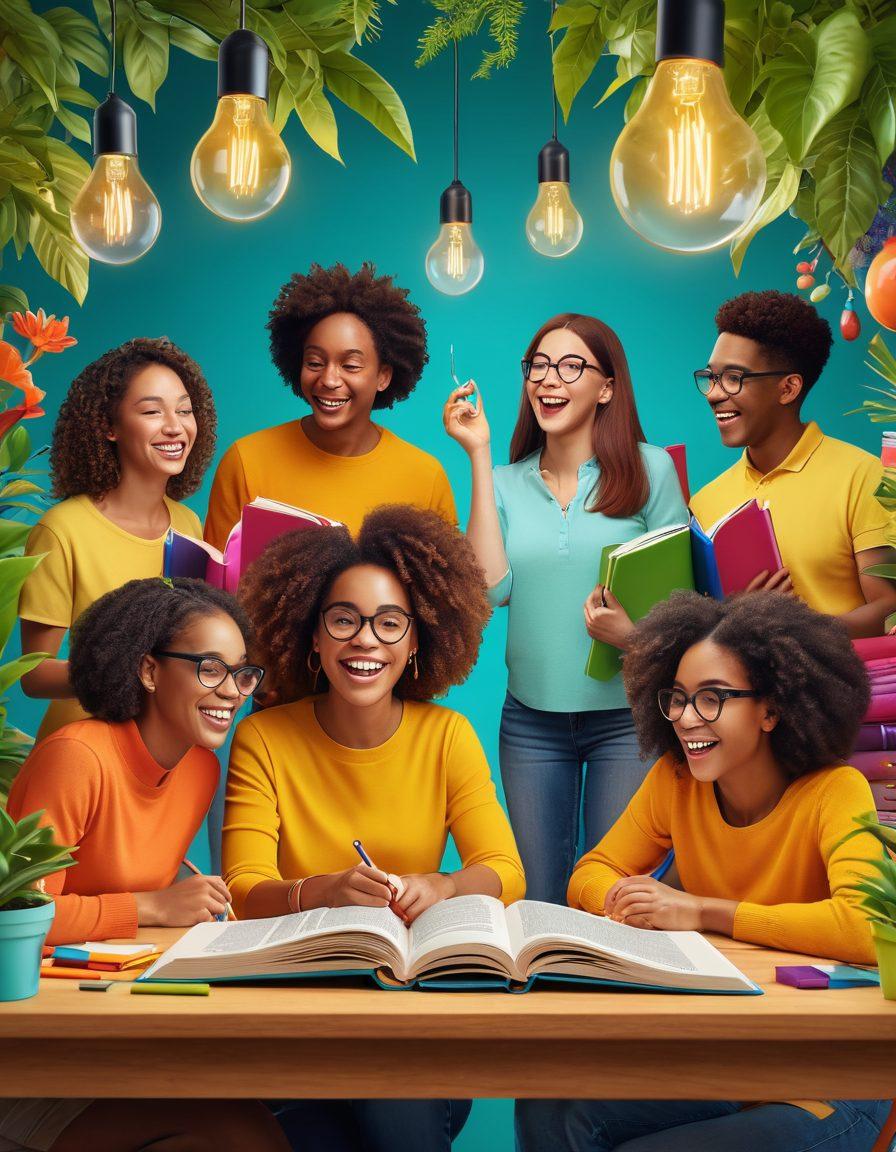 A vibrant illustration of a diverse group of people joyfully engaged in learning activities, surrounded by colorful books, plants, and lightbulbs symbolizing ideas and growth. Their expressions reflect curiosity and happiness, fostering an atmosphere of positivity. Incorporate elements of nature merging with educational tools to symbolize the balance of joy and learning. bright colors. 3D style.