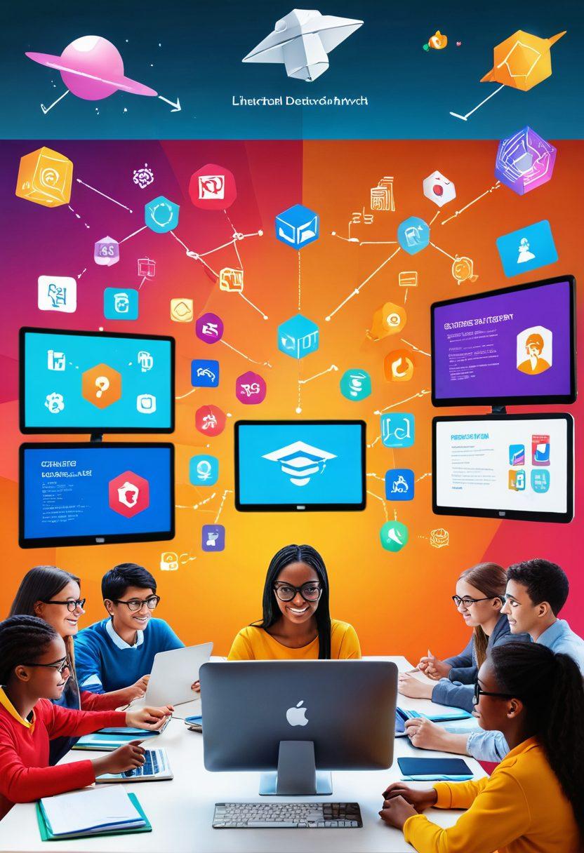 An engaging scene of diverse students interacting with a dynamic online education platform, with animated icons representing various skills and subjects floating around them. Each student is immersed in their learning environment, showcasing enthusiasm and satisfaction. The background features a bright, digital classroom with modern technology and vibrant colors to signify growth and innovation. super-realistic. vibrant colors. 3D.
