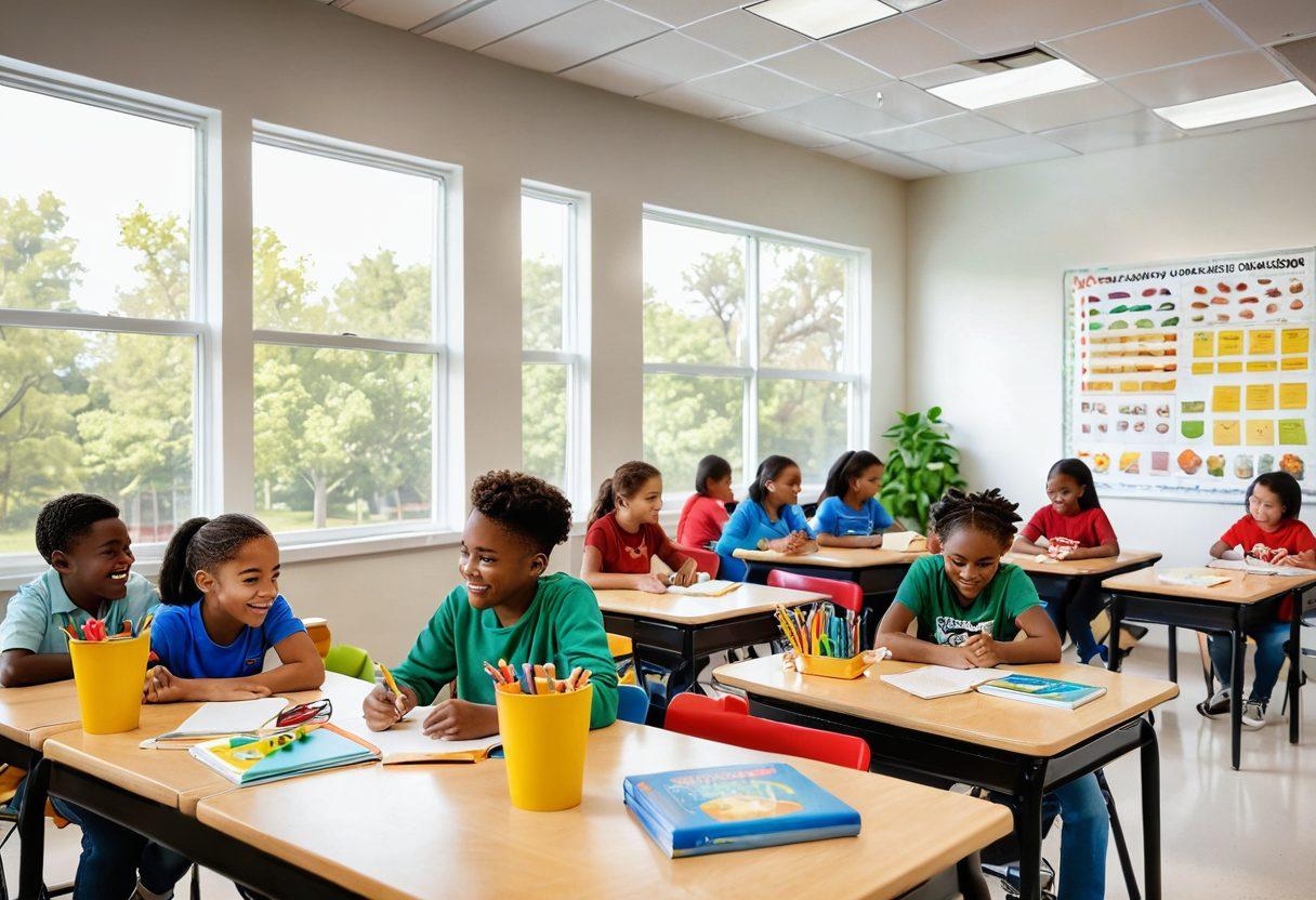 A vibrant classroom scene filled with diverse students engaged in cheerful, interactive learning activities. Incorporate elements like colorful books, joyful expressions, and tools symbolizing growth like plants and lightbulbs. The surrounding atmosphere should radiate positivity and creativity. Include a sunny window with an inviting view of nature. super-realistic. vibrant colors. white background.